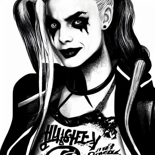 Prompt: Harley Quinn from the suicide squad, black and white, highly detailed