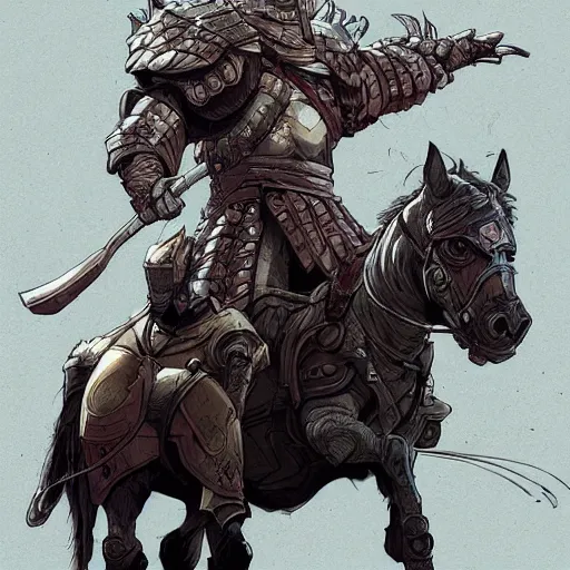 Image similar to cell shaded cartoon, a portrait of a warrior on a horse wearing ridiculously large black armor, illustration, wide shot, subtle colors, concept art by josan gonzales and wlop, laurie greasley, jordan grimmer and james jean, highly detailed, sharp focus, trending on artstation, hq, deviantart, art by artgem