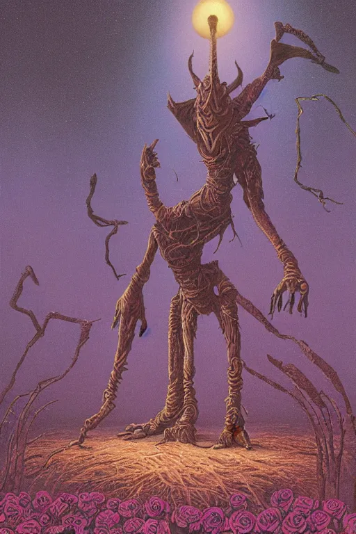 Prompt: Artwork by Tim White of Abe the Forgotten Beast, A towering humanoid composed of rose gold, with a gaunt appearance and a matted grey fur