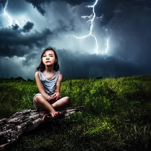 Image similar to young girl playing flute, birch forest clearing, storm at night, lightning dragons attack, low angle facing sky, cinematic, dramatic lighting, big storm clouds, high contrast