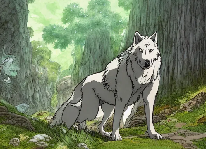 Prompt: a majestic wolf king spreading his kingdom in a mythical forest next to a pathway, dark eyes, by ghibli studio and miyasaki, illustration, great composition