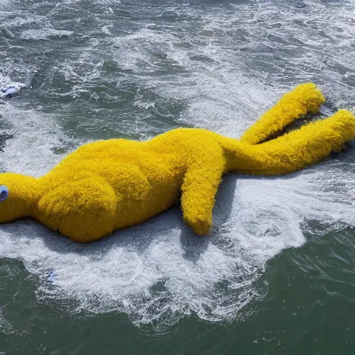 Prompt: cnn news footage of big bird being washed up on shore, view from above, tv