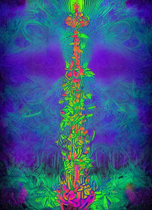 Prompt: a psychedelic totem made of trees and multicolor flowers, fulcolor octane remder, cinematic