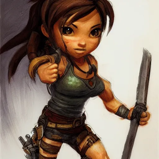 Image similar to concept art of chibi Lara Croft exploring a dark dungeon, Justin Gerard