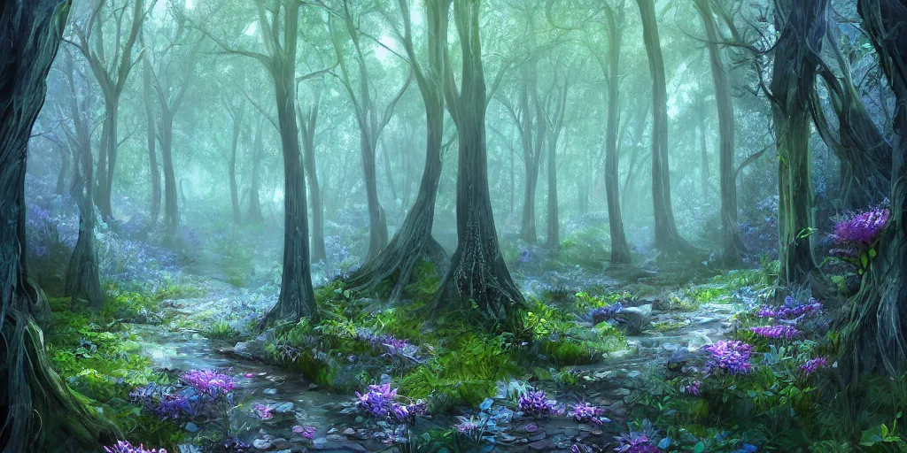 Prompt: mystical old wood forest, blue crystal shards embedded in the trees, canopy filtered dappled light, lush grass and flowers, narrow creek running through, fantasy digital art, trending on artstation