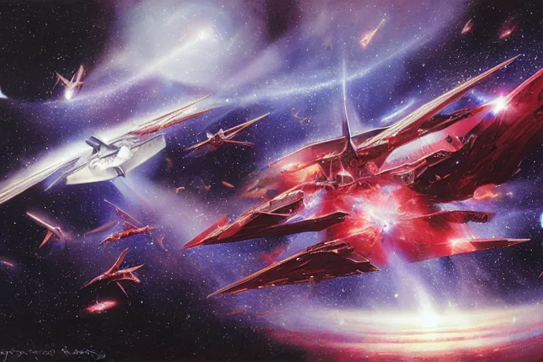 Prompt: gnostic space nebula with debris by raymond swanland, framing a pteranodon battlecruiser, with white kanji insignias, sleek, white john berkey panels, wine red trim, Ralph mcquarrie insets. spines and towers, rows of windows lit internally, sensor array, blazing engines, robotech styling, boeing concept art, cinematic lighting by liam wong