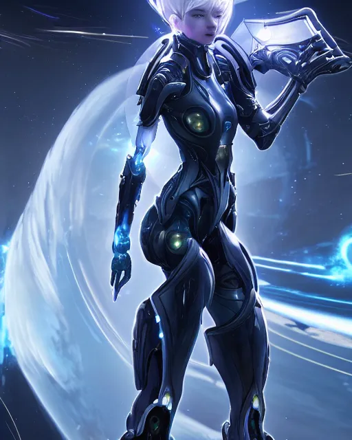 Image similar to perfect android girl on a mothership, warframe armor, beautiful face, scifi, futuristic, galaxy, nebula, raytracing, dreamy, long white hair, blue cyborg eyes, sharp focus, cinematic lighting, highly detailed, artstation, divine, by gauthier leblanc, kazuya takahashi, huifeng huang