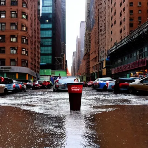 Image similar to new york city abandoned, rain with chocolate liquid, flooding with chocolate melting liquid