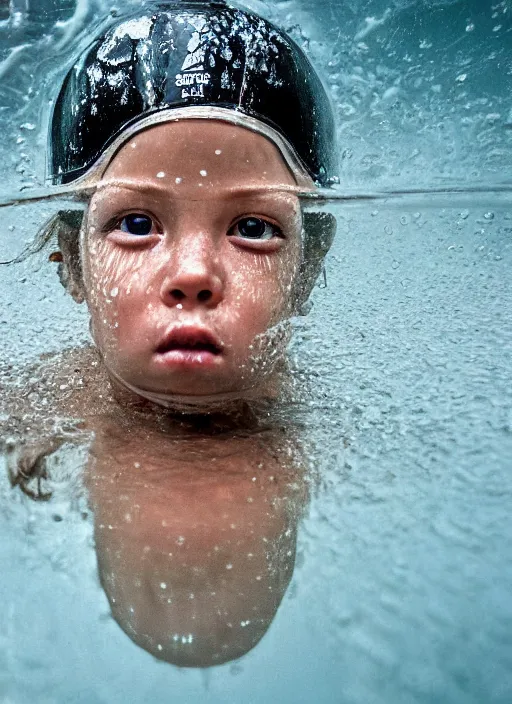 Prompt: beautiful extreme closeup portrait of a young girl fully submerged ecxept of the top of his head, horrified look in his eyes, water reflection, in style of frontiers in helmet motoracing dirt Helmets of Emperor Charles V, highly detailed, soft lighting, elegant,sigma 85mm, Edward Hopper and James Gilleard, Zdzislaw Beksinski, Steven Outram, highly detailed