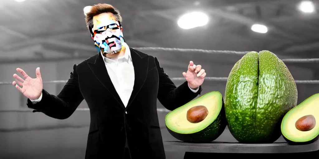 Prompt: elon musk inside of a giant avacado, realistic, elon musk in an avacado, cinematic photogtaphy, fruit celebrity, avacado dream, elon musk dreams of sitting inside of avacados, avacado chairs, avacado halloween costumes, in a boxing ring, photography, high quality, soft lighting, lensr flare