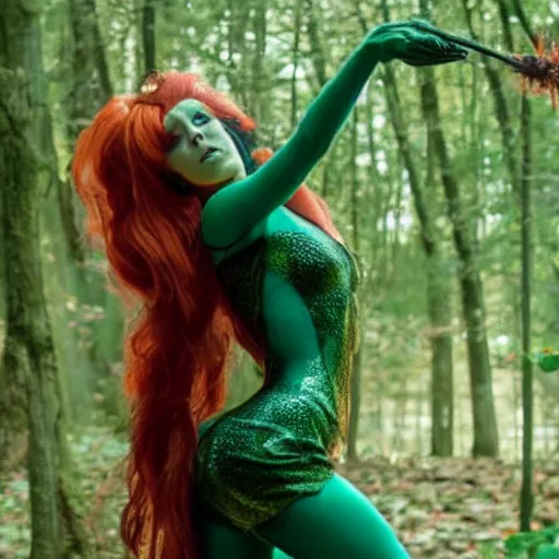 Prompt: elizabeth kucinich as poison ivy, cinematic still shot,