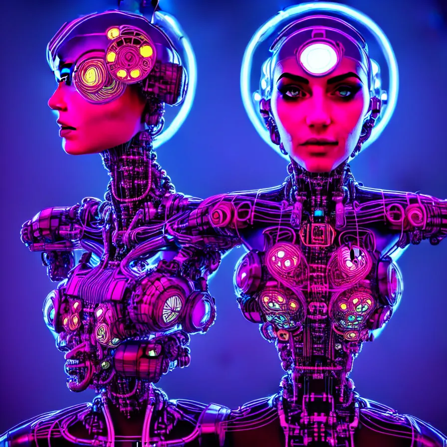 Image similar to symmetrical Beautiful 3d render portrait of one cybernetic flower queen in a sensual pose, in the style of Dan Mumford, with a lit futuristic cyberpunk city in the background.