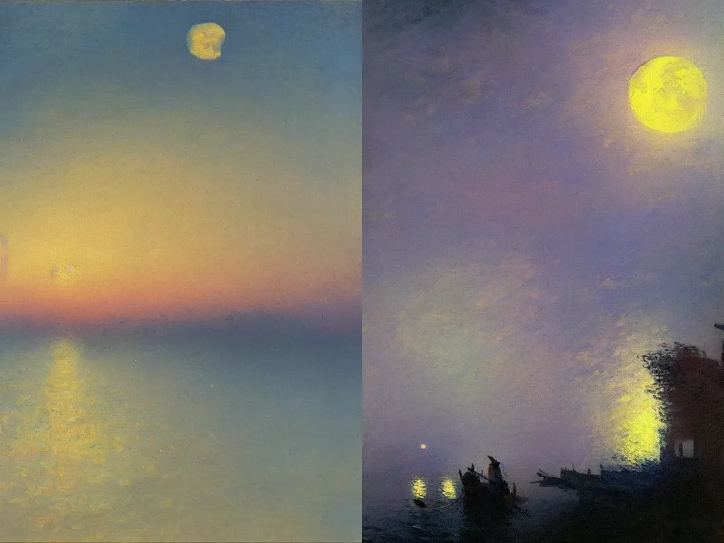 Prompt: german impressionist gouache painting by Ivan Aivazovsky, impressionist watercolor strokes by Claude Monet, moonlight by Fausto Zonaro the moon reflects on the water, night scene by Wilfred Jenkins, overhead view of coastal city at night