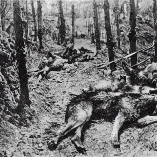Prompt: WW1 trench with wolves attacking injured soldiers 1900s, horror photography