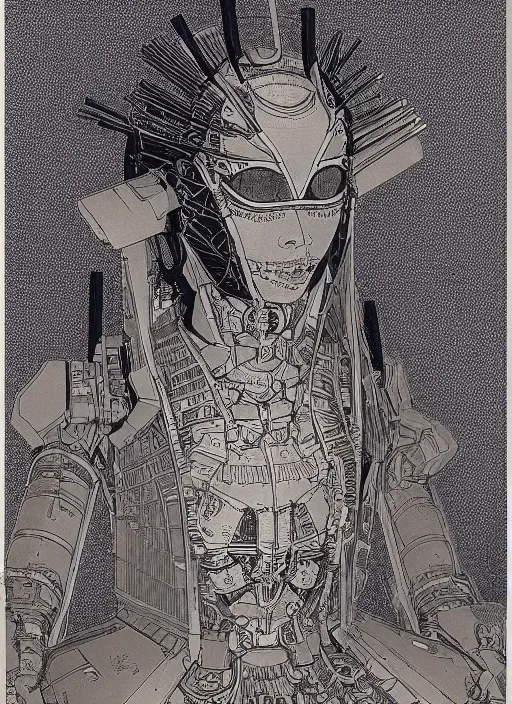 Image similar to 2 d illustration, grained risograph, old wetplate portrait of a futuristic silver armored geisha district 9 cyborg, parallax, fractal, intricate, elegant, highly detailed, subsurface scattering, by jheronimus bosch and moebius louis jacques mande daguerre and szukalski