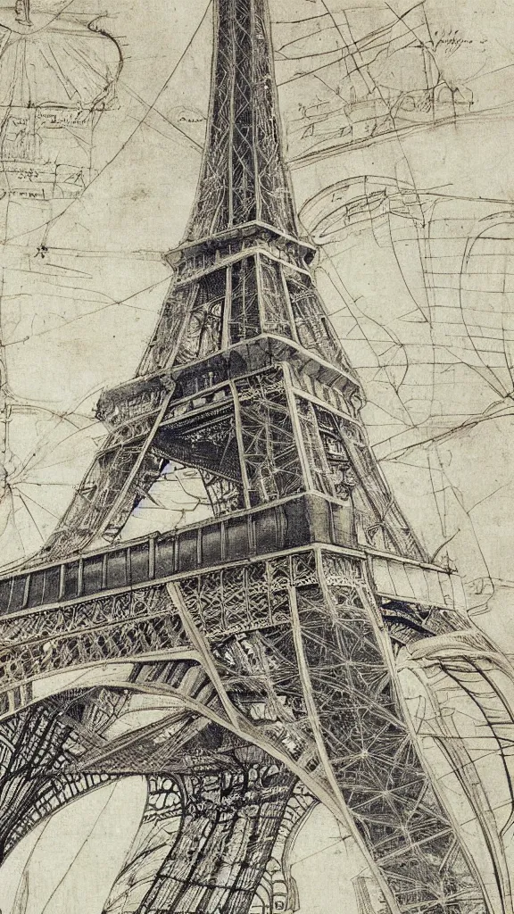 Prompt: architectural design studies of Eiffel Tower, different closeup view, drawn by Leonardo da Vinci, ancient ink draw, artistic, intricated