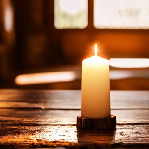 Prompt: a white candle on a wooden table. dramatic lighting