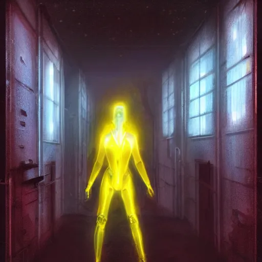 Image similar to humanoid yellow electric ghostly transparent lightning elemental wearing red and blue sci-fi goggles, haunted spaceship hallway, sci-fi artwork, horror, 8k, concept art, dramatic pose, art by artgerm and greg rutkowski, close shot, trending on artstation, creepy atmosphere