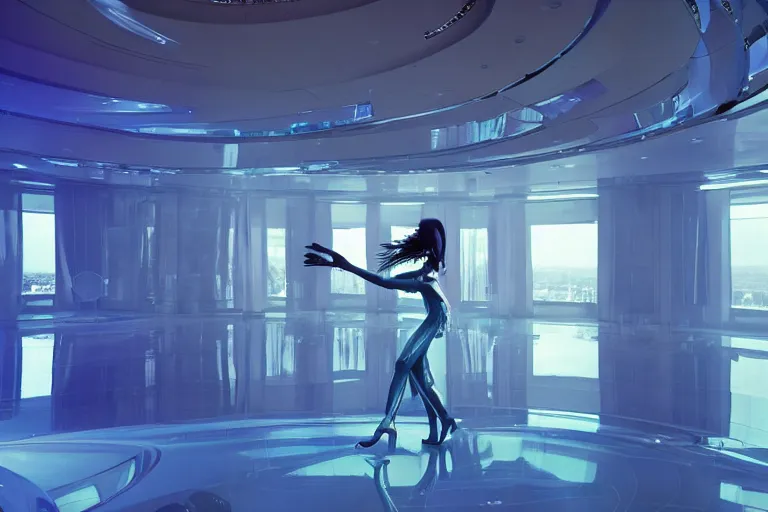 Prompt: vfx movie scene beautiful blue skin alien woman dancing in sleek futuristic decadent spaceship ballroom. giant windows view of earth obit. by emmanuel lubezki