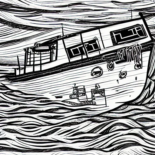 Prompt: an abandoned ship in the aral sea, in the style of daniel johnston and outsider art, 8 k, line brush, overlaid with chinese adverts