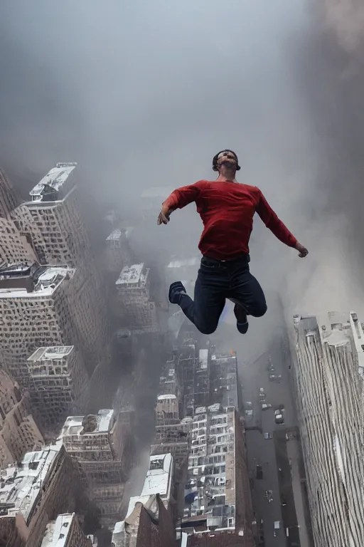 Prompt: a man jumping from a building in New York, dust explosion fog