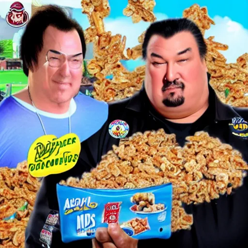 Image similar to obese steven seagal as sponsor of a sugary cereal called aikidos! with hideous cartoon rat mascot