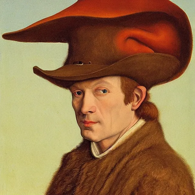Image similar to 3/4 bust portrait of a shifty high fantasy elf sheriff wearing a cowboy hat and star badge by Jan van Eyck, 8k scan