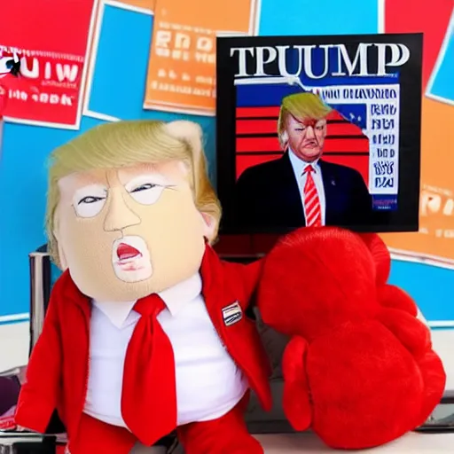 Image similar to donald trump as a plushy toy with prisoner clothes on