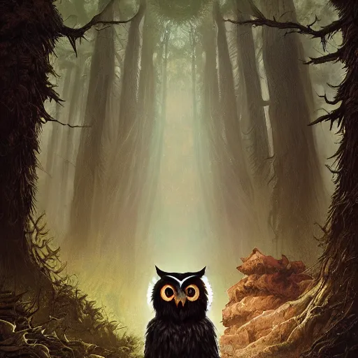 Prompt: three quarter portrait of an owlbear in the forest, d & d, fantasy, greg rutkowski, frank frazetta, alexandre chaudret, boris vallejo, michael whelan, miro petrov, hr giger, magali villeneuve, donato giancola