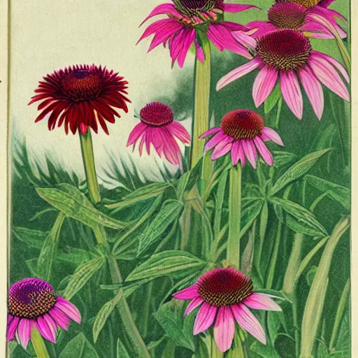 Prompt: echinacea, illustration from a botanical treatise, rich and contrasting colours