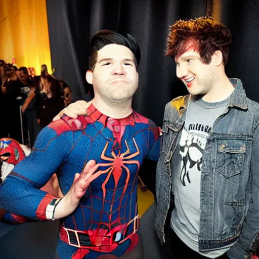 Image similar to the member of fall out boy meeting Spider-Man