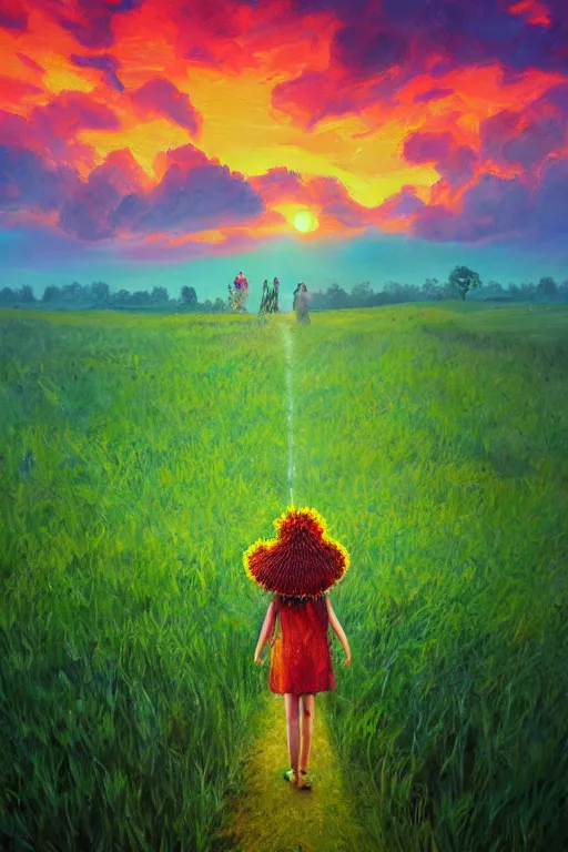 Image similar to giant corn flower head, girl walking in a green valley, surreal photography, sunrise, dramatic light, impressionist painting, colorful clouds, digital painting, artstation, simon stalenhag