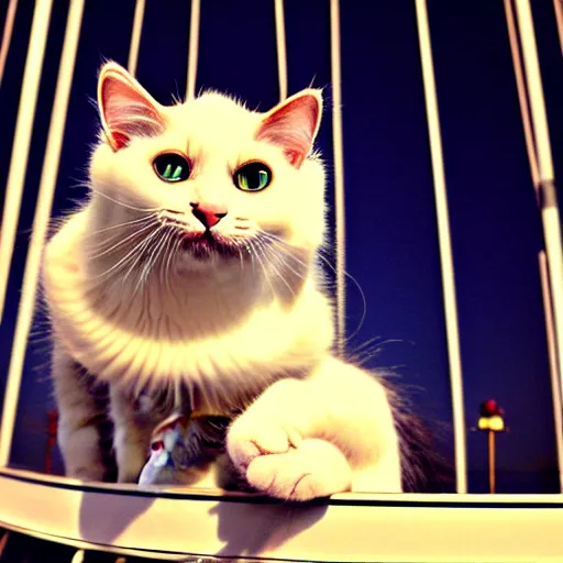 Image similar to !!! cat!!!, ( ferris wheel ), feline, sitting, riding, award winning photo, ragdoll cat,