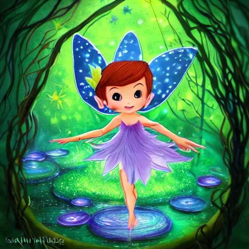 Image similar to tiny mischievous forest fairy spirit darts through the air over a frog pond at night. she is small, like tinker bell. the spirit a cute chibi dryad. magic swirls in the air. the spirit grins with glee. the frogs are large and croak loudly by the lilypads. by kevin walker, by greg staples, by daarken, by terese nielsen,