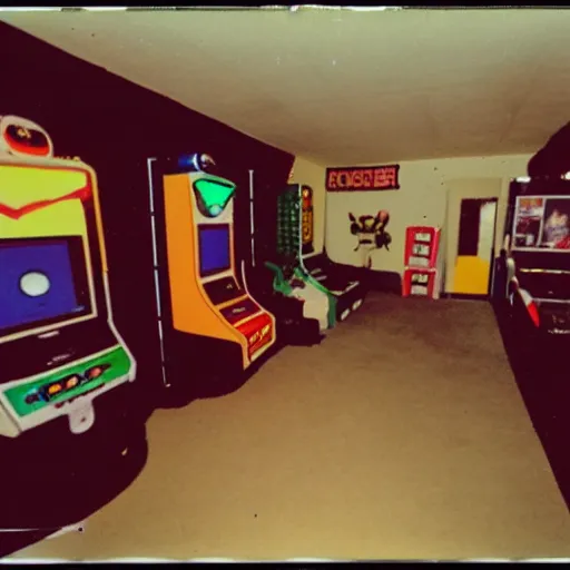 Prompt: polaroid photo from 1 9 9 8 of video game room, flash photography,