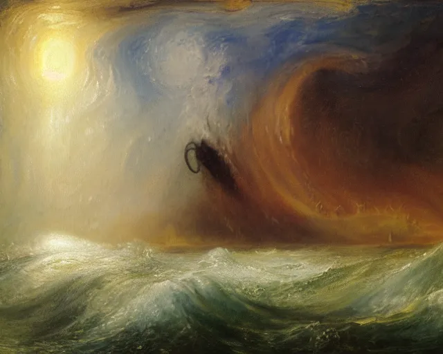 Prompt: an oil painting of cthulhu rising out of the ocean, turner