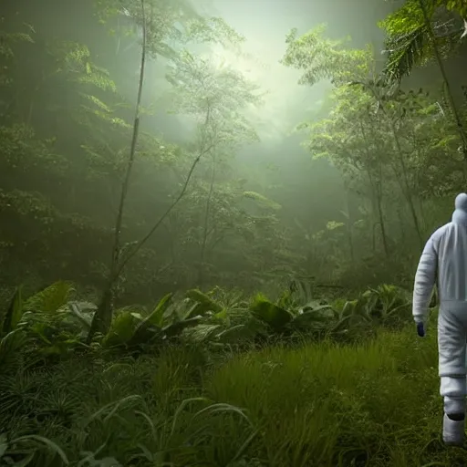 Image similar to a man wearing a hazmat suit, walking through a lush jungle, at night, red glow, unreal engine 5, ray traced, god rays, extremely high detail