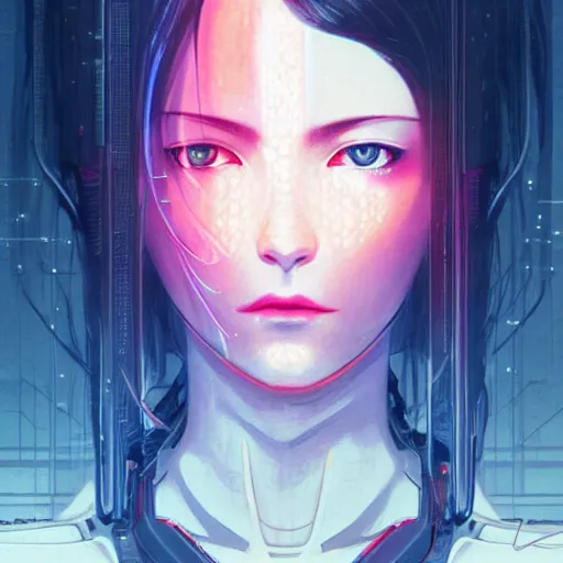 Image similar to A beautiful cyborg woman with glowing eyes || VERY ANIME, fine-face, realistic shaded perfect face, fine details. Anime. realistic shaded lighting poster by Ilya Kuvshinov katsuhiro otomo ghost-in-the-shell, magali villeneuve, artgerm, Jeremy Lipkin and Michael Garmash, Rob Rey and Kentarõ Miura, trending on art station