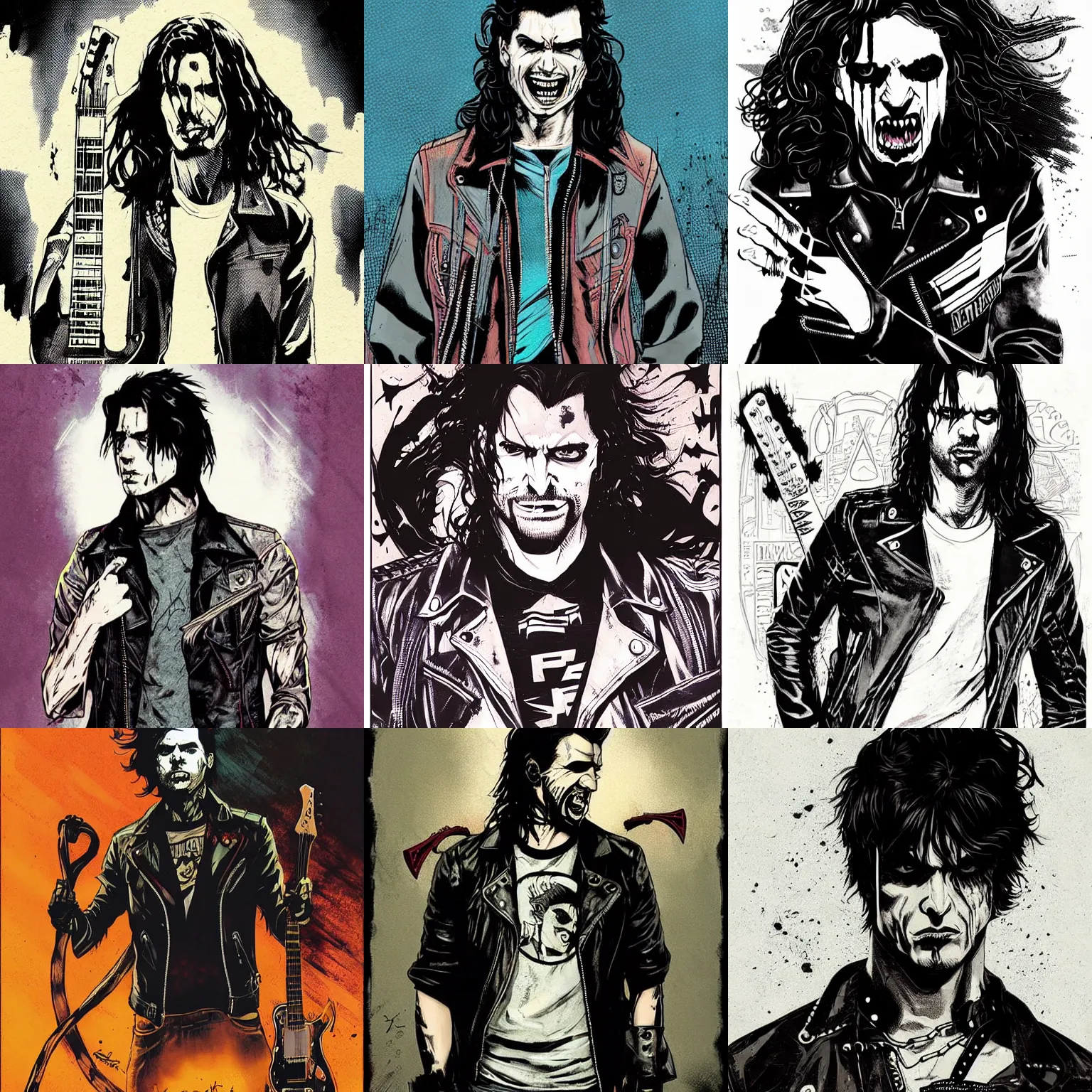 Prompt: Rafael Albuquerque comic art, beautiful male vampire with long curly dark hair and a punk rock tee shirt, sharp vampire teeth, playing guitar, leather jacket and denim vest, grunge art, dan mumford, rafael albuquerque, symmetrical face