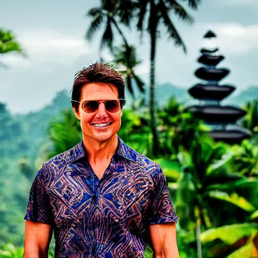 Prompt: a photo of tom cruise wearing batik bali when holiday in bali. blurred temple background. front view. sigma 8 5 mm lens f / 1. 4. award winning photography, perfect faces, instagram photo shoot