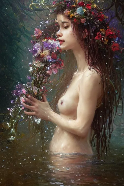 Image similar to portrait of a beautiful mysterious drenched woman holding a bouquet of flowing flowers, drenched clothing, wet dripping long hair, hands hidden under the bouquet, emerging from the water, fantasy, regal, intricate, by stanley artgerm lau, greg rutkowski, thomas kindkade, alphonse mucha, loish, norman rockwell