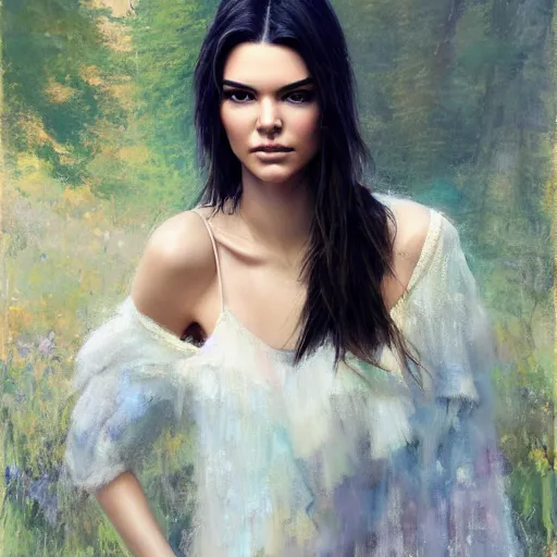 Image similar to fashion model kendall jenner by Alexander Khokhlov by Richard Schmid by Jeremy Lipking by moebius by atey ghailan