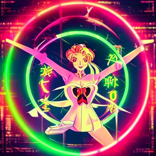 Image similar to portrait of sailor moon with arm tattoos, in the style of cyberpunk on the background of neon signs, symmetrical, single person