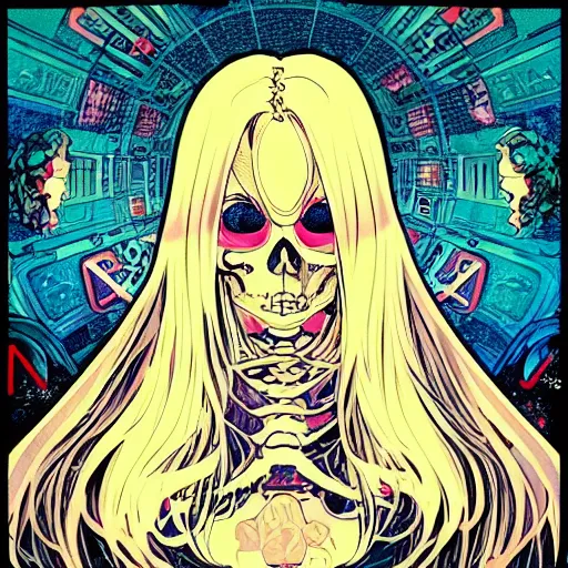 Prompt: anime manga skull portrait girl female profile skeleton astronaut illustration 80s art frank miller dirko and alphonse mucha pop art nouveau