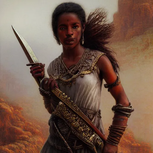 Image similar to artstation concept of a beautiful girl holding a sword in both hands, brown skin, sweaty skin, symmetrical face, casual white garment, brown canyon background, shiny colorful, hyperdetailed, artstation trending, world renowned artists, worth1000.com, historic artworks society, antique renewel, cgsociety, by greg rutkowski, by Gustave Dore, Deviantart