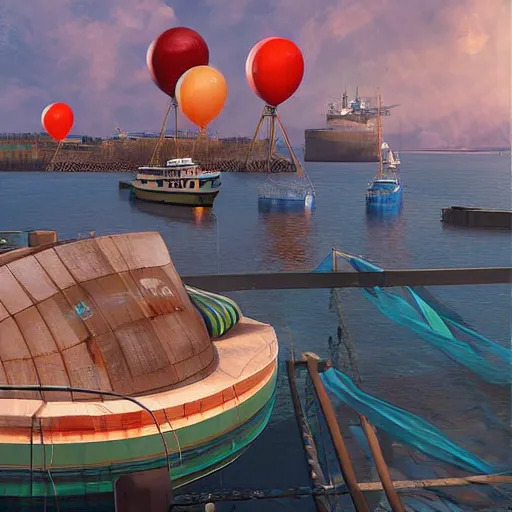 Image similar to digital art of a maritime port in bretagne with giant birthday balloons, artstation cgsociety masterpiece