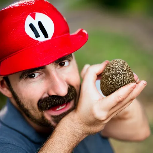 Image similar to photo of real life mario finding a giant amanita muscaria, exhilarated, portrait, closeup. mouth open, 3 0 mm, bokeh