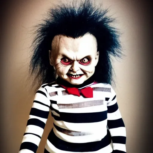 Prompt: Chucky the killer doll as Beetlejuice