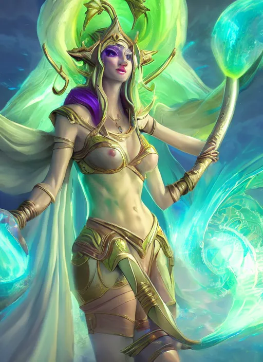 Image similar to divine soraka, from league of legends, health supporter, hyper detailed, green aura in her wand, digital art, trending in artstation, cinematic lighting, studio quality, smooth render, unreal engine 5 rendered, octane rendered, art style by klimt and nixeu and ian sprigger and wlop and krenz cushart