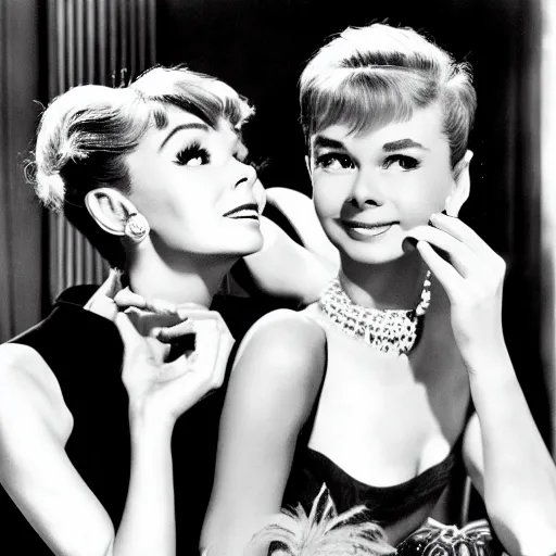 Prompt: portrait of Audrey Hepburn and Doris day by Cecil Beaton , glamorous Hollywood style lighting, black and white, photorealistic